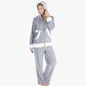 Frankie & Johnny Women's Fleece 2-Piece Zip-Up Hooded Pajama Set Gray Size Large